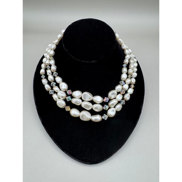 Vintage Japan 3 Strand Faux Pearls Faceted Aurora Borealis Crystal Necklace - Picture 1 of 10